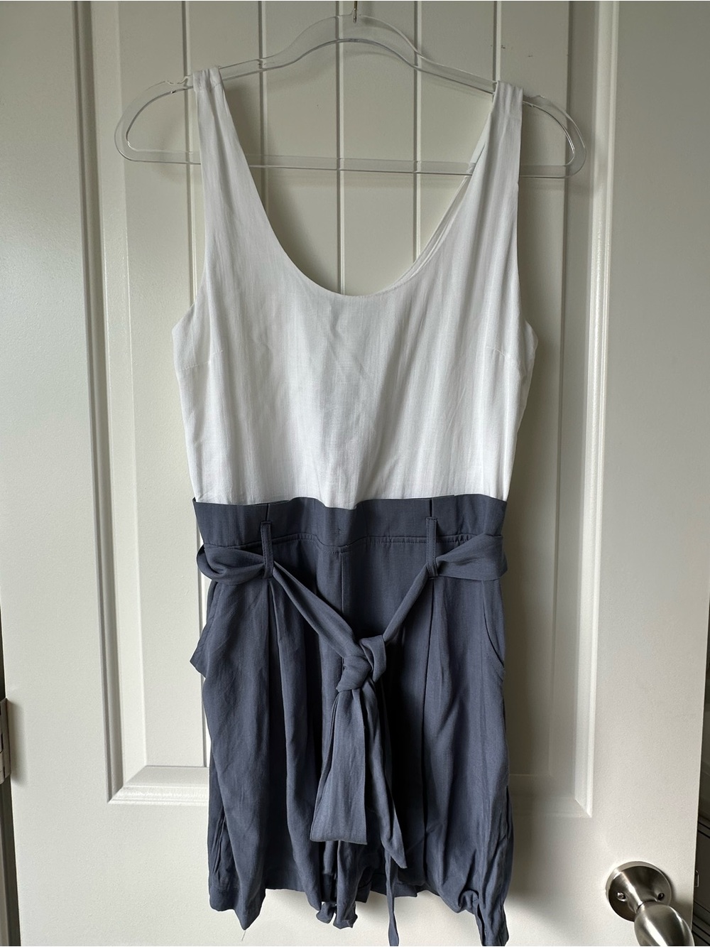 Shinestar White Sleeveless Top with Slate Blue Hem Panels